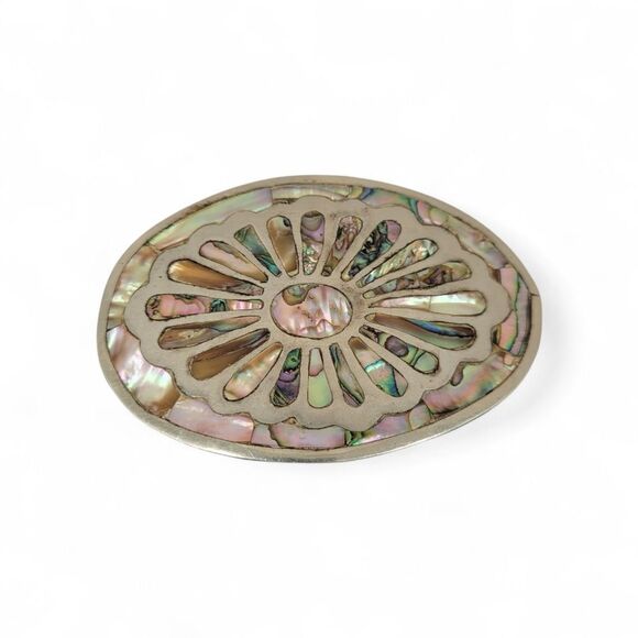 Vintage Belt Buckle Mexico Iridescent Abalone Shell Accent Silver Toned main image 3